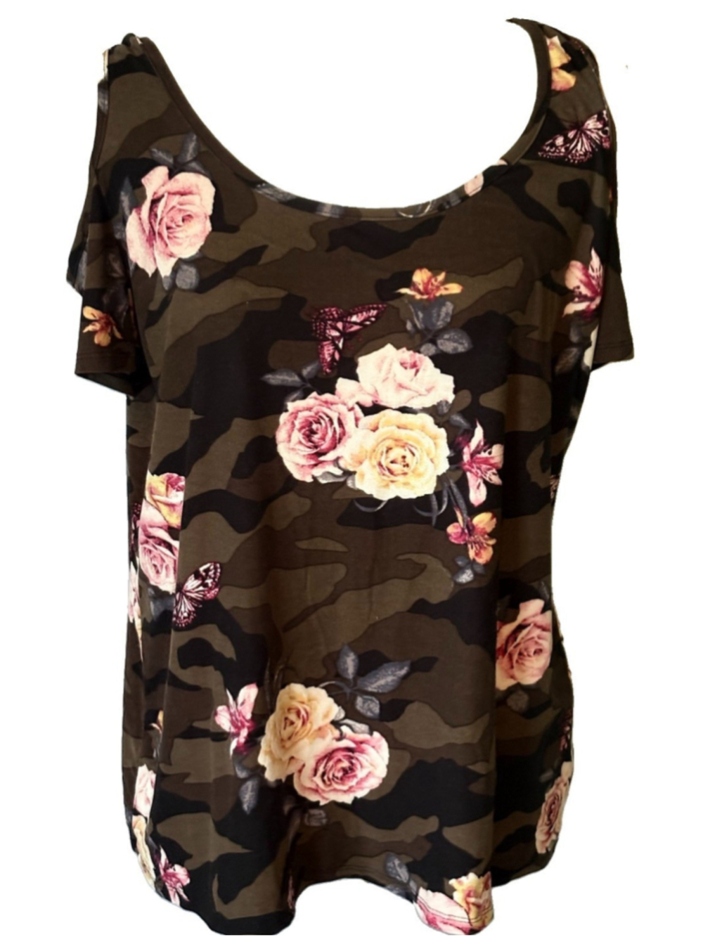 Eye Candy 1X Top Camo Floral Rose Cold Shoulder Plus Size Grunge Fairy Aesthetic